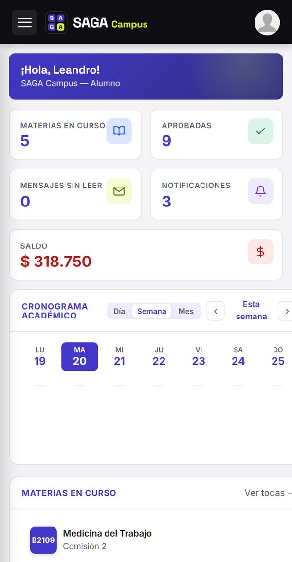 SAGA Campus en el celular: inicio del alumno con materias en curso, aprobadas, notificaciones y saldo
